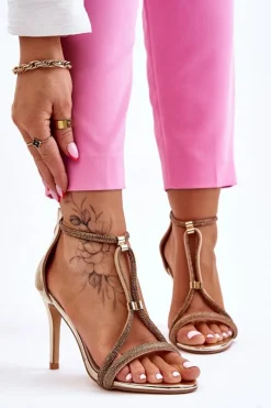 Hot Damskie buty S.Barski Eleganckie Sandałki Na Szpilce Z Dżetami Złote Jenesis