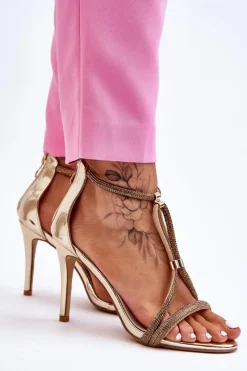 Hot Damskie buty S.Barski Eleganckie Sandałki Na Szpilce Z Dżetami Złote Jenesis