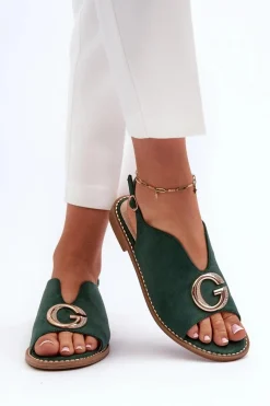 Hot Eleganckie Sandały Damskie Z Ozdobą Eko Zamszowe S.Barski KV27-058 Zielone Damskie Sandały Płaskie