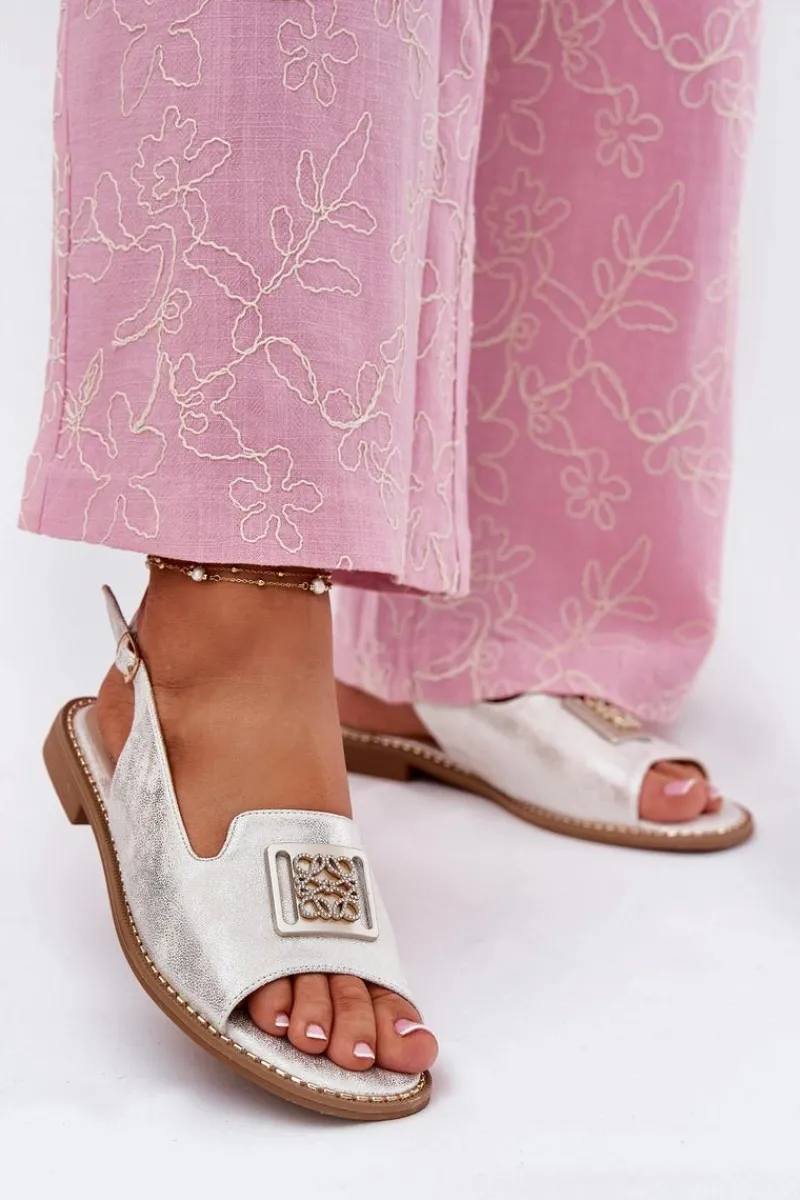 Sandały Płaskie>Damskie buty S.Barski Eleganckie Sandały Damskie Na Płaskim Obcasie Z Ozdobą S.Barski KV51-082 Srebrne Srebrny