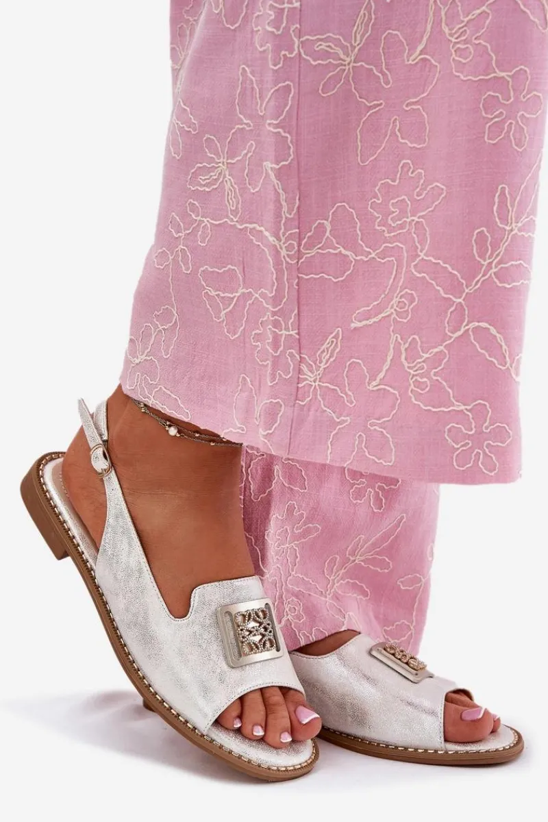 Sandały Płaskie>Damskie buty S.Barski Eleganckie Sandały Damskie Na Płaskim Obcasie Z Ozdobą S.Barski KV51-082 Srebrne Srebrny