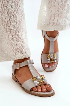 New Eleganckie Sandały Damskie Z Ozdobnymi Detalami S.Barski KV27-030 Beżowe Damskie Sandały Płaskie