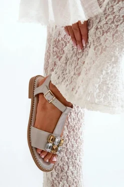 New Eleganckie Sandały Damskie Z Ozdobnymi Detalami S.Barski KV27-030 Beżowe Damskie Sandały Płaskie