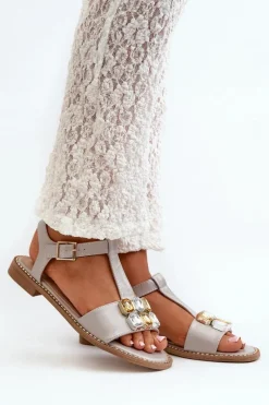 New Eleganckie Sandały Damskie Z Ozdobnymi Detalami S.Barski KV27-030 Beżowe Damskie Sandały Płaskie