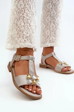 New Eleganckie Sandały Damskie Z Ozdobnymi Detalami S.Barski KV27-030 Beżowe Damskie Sandały Płaskie