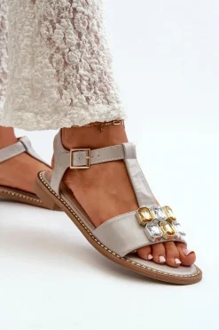 New Eleganckie Sandały Damskie Z Ozdobnymi Detalami S.Barski KV27-030 Beżowe Damskie Sandały Płaskie