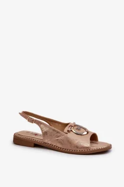 New Eleganckie Sandały Damskie Ze Złotą Ozdobą Na Płaskim Obcasie Różowe Złoto S.Barski KV27-053 Damskie Sandały Płaskie