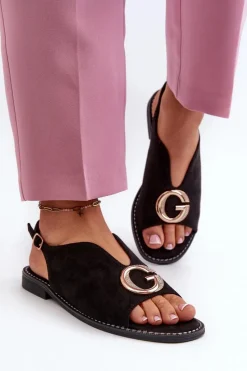 Clearance Eleganckie Sandały Damskie Z Ozdobą Eko Zamszowe S.Barski KV27-058 Czarne Damskie Sandały Płaskie