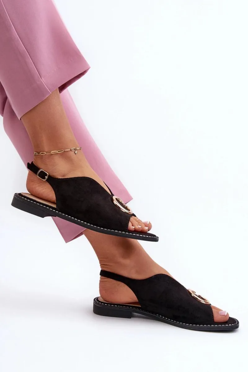 Clearance Eleganckie Sandały Damskie Z Ozdobą Eko Zamszowe S.Barski KV27-058 Czarne Damskie Sandały Płaskie