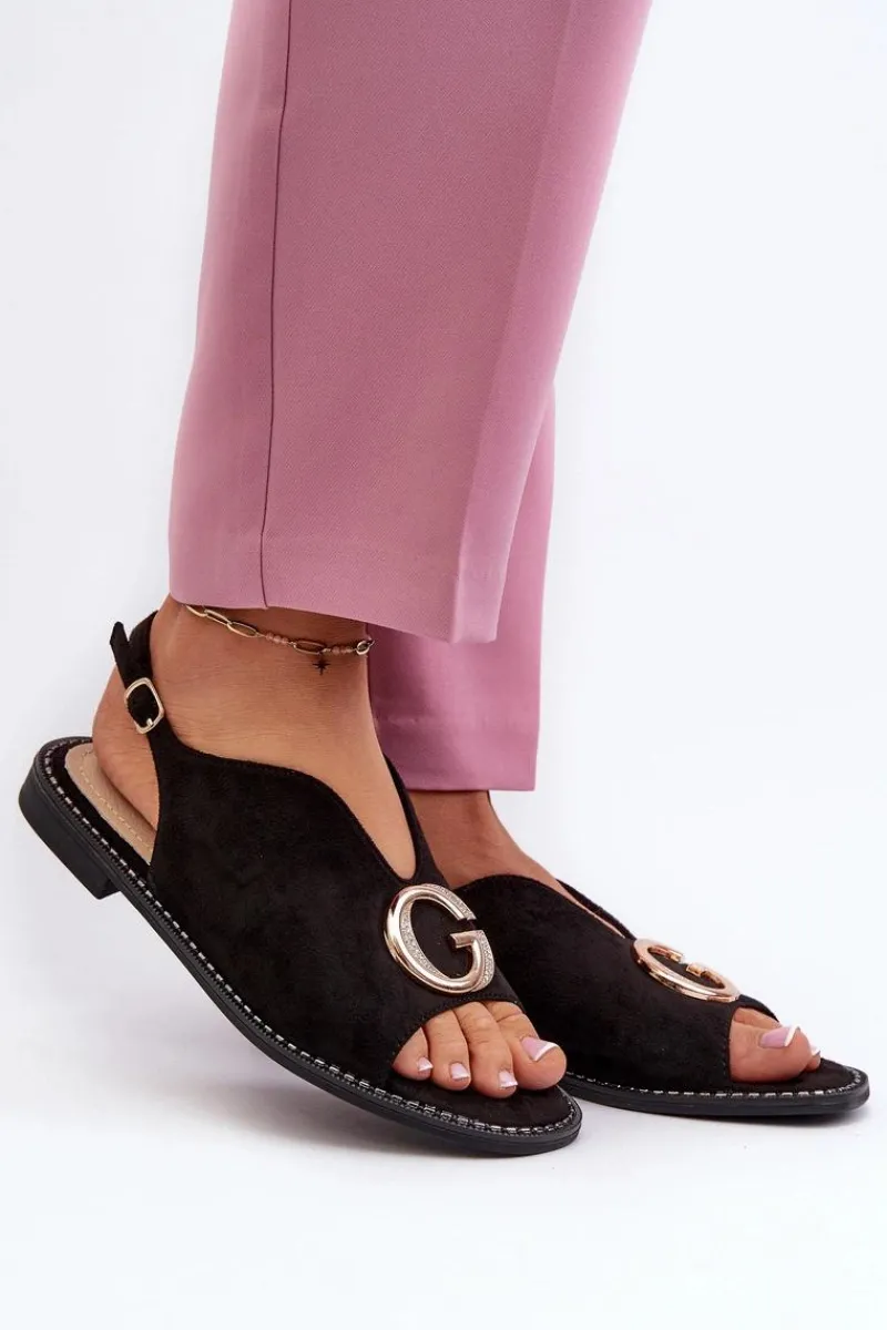 Clearance Eleganckie Sandały Damskie Z Ozdobą Eko Zamszowe S.Barski KV27-058 Czarne Damskie Sandały Płaskie