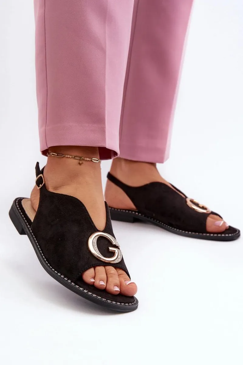 Clearance Eleganckie Sandały Damskie Z Ozdobą Eko Zamszowe S.Barski KV27-058 Czarne Damskie Sandały Płaskie