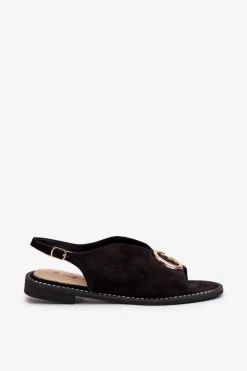 Clearance Eleganckie Sandały Damskie Z Ozdobą Eko Zamszowe S.Barski KV27-058 Czarne Damskie Sandały Płaskie