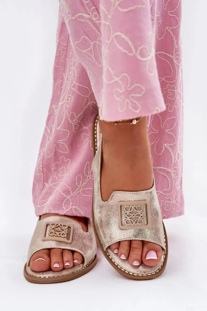 Online Damskie buty S.Barski Eleganckie Sandały Damskie Na Płaskim Obcasie Z Ozdobą S.Barski KV51-082 Złote Złoty