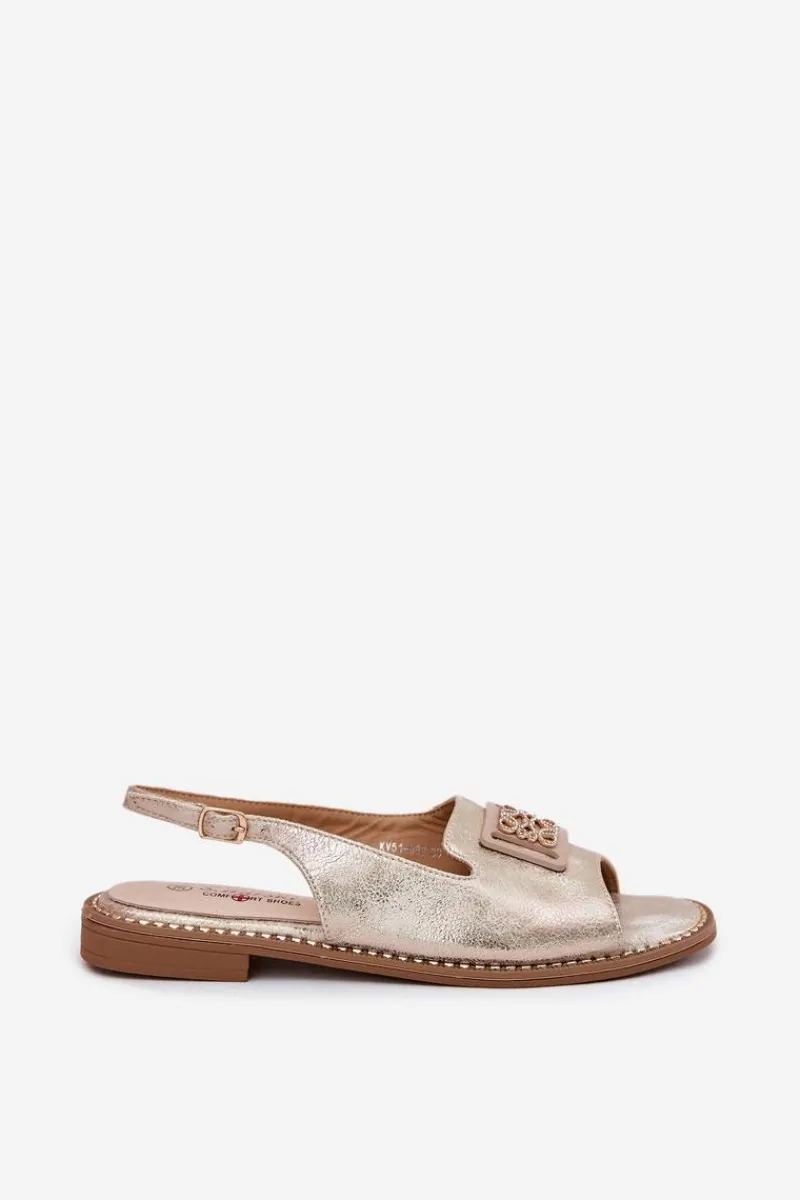 Online Damskie buty S.Barski Eleganckie Sandały Damskie Na Płaskim Obcasie Z Ozdobą S.Barski KV51-082 Złote Złoty