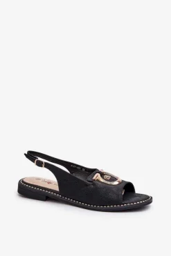 Damskie buty S.Barski Eleganckie Sandały Damskie Ze Złotą Ozdobą Na Płaskim Obcasie Czarne S.Barski KV27-053