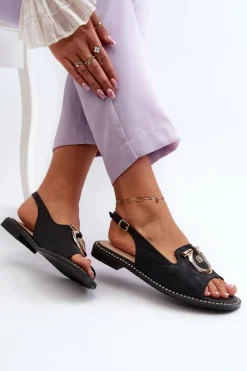 Damskie buty S.Barski Eleganckie Sandały Damskie Ze Złotą Ozdobą Na Płaskim Obcasie Czarne S.Barski KV27-053