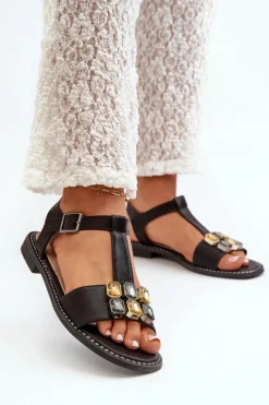 New Eleganckie Sandały Damskie Z Ozdobnymi Detalami S.Barski KV27-030 Czarne Damskie Sandały Płaskie