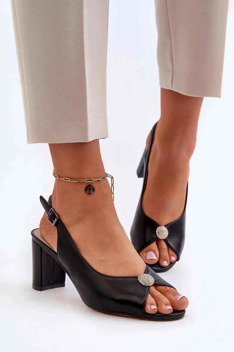 Best Evento Eleganckie Sandały Na Słupku Z Ozdobą Czarne Trasea Czarny
