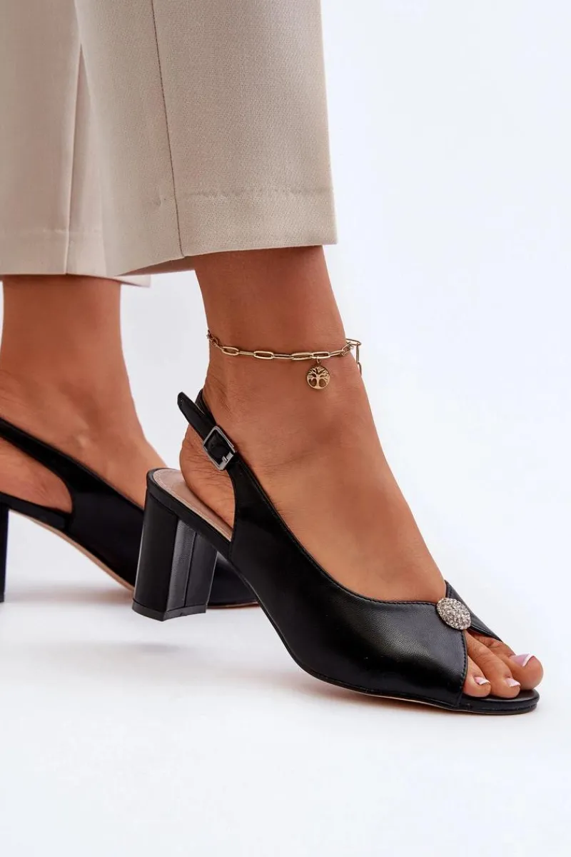 Best Evento Eleganckie Sandały Na Słupku Z Ozdobą Czarne Trasea Czarny