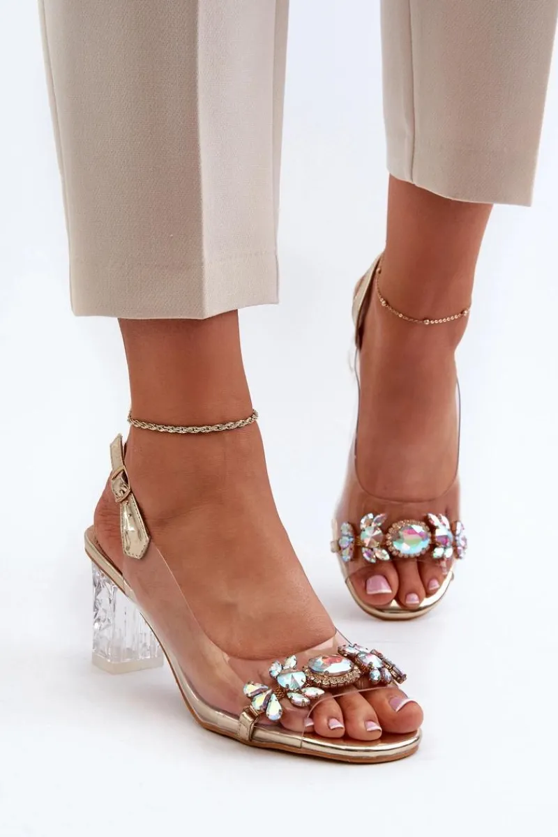 Sandały Na Słupku|Sandały Na Obcasie>Damskie buty S.Barski Eleganckie Sandały Na Słupku Z Ozdobami Złote D&A MR38-444