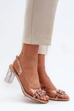 Damskie buty S.Barski Eleganckie Sandały Na Słupku Z Ozdobami Różowe Złoto D&A MR38-444