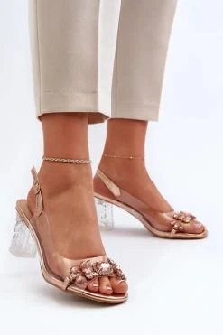 Damskie buty S.Barski Eleganckie Sandały Na Słupku Z Ozdobami Różowe Złoto D&A MR38-444