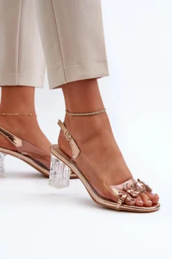 Damskie buty S.Barski Eleganckie Sandały Na Słupku Z Ozdobami Różowe Złoto D&A MR38-444