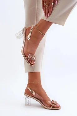 Damskie buty S.Barski Eleganckie Sandały Na Słupku Z Ozdobami Różowe Złoto D&A MR38-444