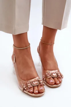 Damskie buty S.Barski Eleganckie Sandały Na Słupku Z Ozdobami Różowe Złoto D&A MR38-444