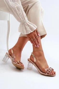 Damskie buty S.Barski Eleganckie Sandały Na Słupku Z Ozdobami Różowe Złoto D&A MR38-444