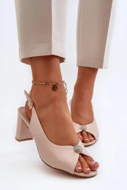Eleganckie Sandały Na Słupku Z Ozdobą Beżowe Trasea Damskie Sandały Na Słupku|Sandały Na Obcasie
