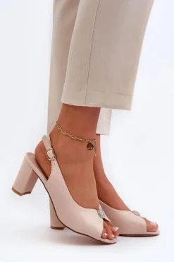 Eleganckie Sandały Na Słupku Z Ozdobą Beżowe Trasea Damskie Sandały Na Słupku|Sandały Na Obcasie