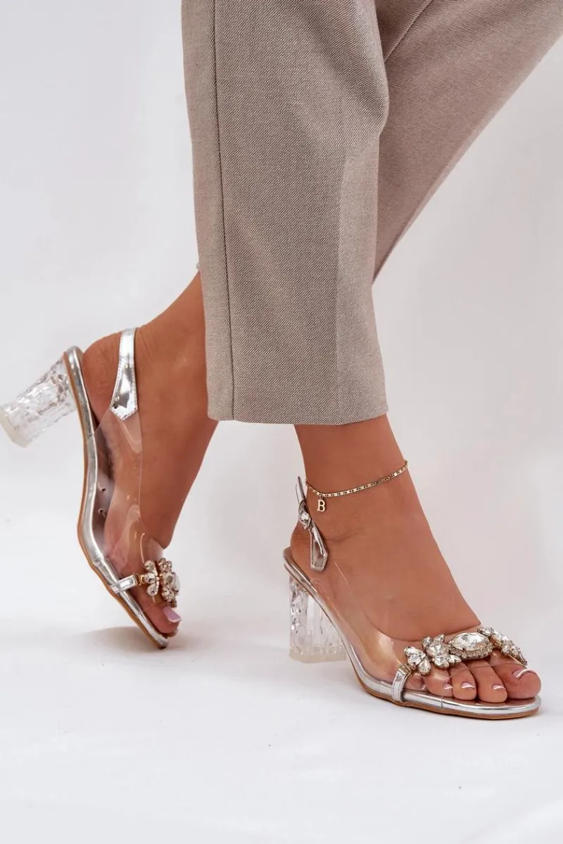 Sandały Na Słupku|Sandały Na Obcasie>Damskie buty S.Barski Eleganckie Sandały Na Słupku Z Ozdobami Srebrne D&A MR38-444