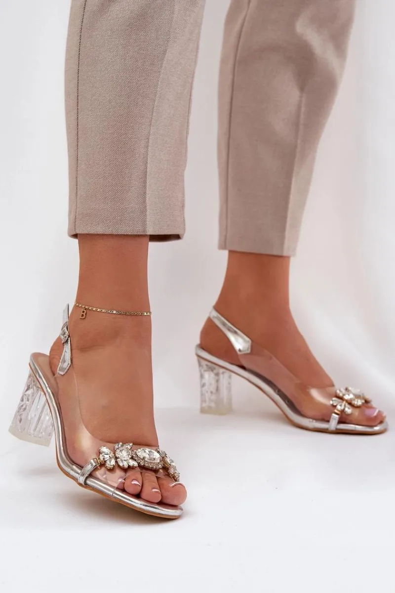 Sandały Na Słupku|Sandały Na Obcasie>Damskie buty S.Barski Eleganckie Sandały Na Słupku Z Ozdobami Srebrne D&A MR38-444