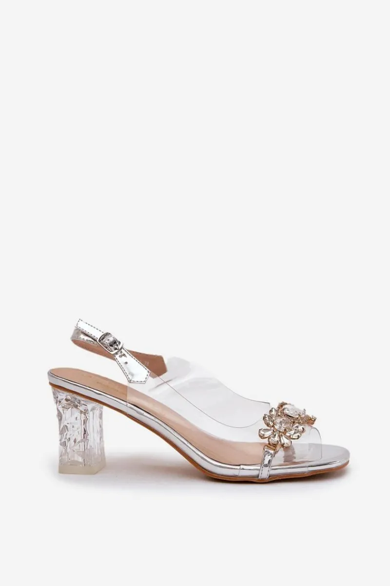 Sandały Na Słupku|Sandały Na Obcasie>Damskie buty S.Barski Eleganckie Sandały Na Słupku Z Ozdobami Srebrne D&A MR38-444