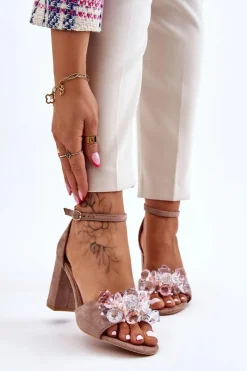 Sandały Na Obcasie>Boto Eleganckie Sandały Z Kryształami Na Obcasie Ciemnobeżowe Cameron