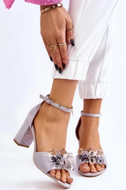 Sandały Na Obcasie>Boto Eleganckie Sandały Z Kryształami Na Obcasie Szare Cameron