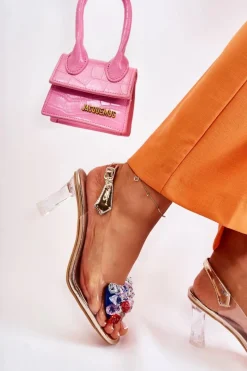 Clearance Damskie buty S.Barski Eleganckie Sandały Z Kryształami Złote Lanette