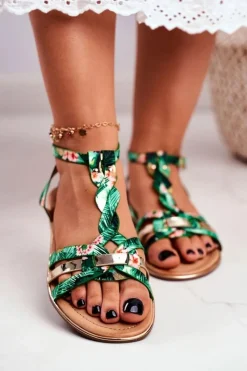 Sale Eleganckie Sandały Z Kwiatowym Wzorem Zielone Brooke Damskie Sandały Płaskie