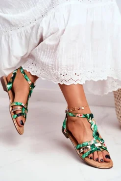 Sale Eleganckie Sandały Z Kwiatowym Wzorem Zielone Brooke Damskie Sandały Płaskie