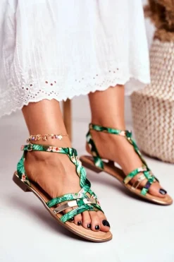 Sale Eleganckie Sandały Z Kwiatowym Wzorem Zielone Brooke Damskie Sandały Płaskie