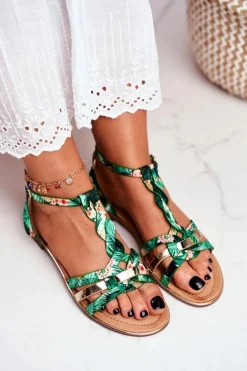 Sale Eleganckie Sandały Z Kwiatowym Wzorem Zielone Brooke Damskie Sandały Płaskie