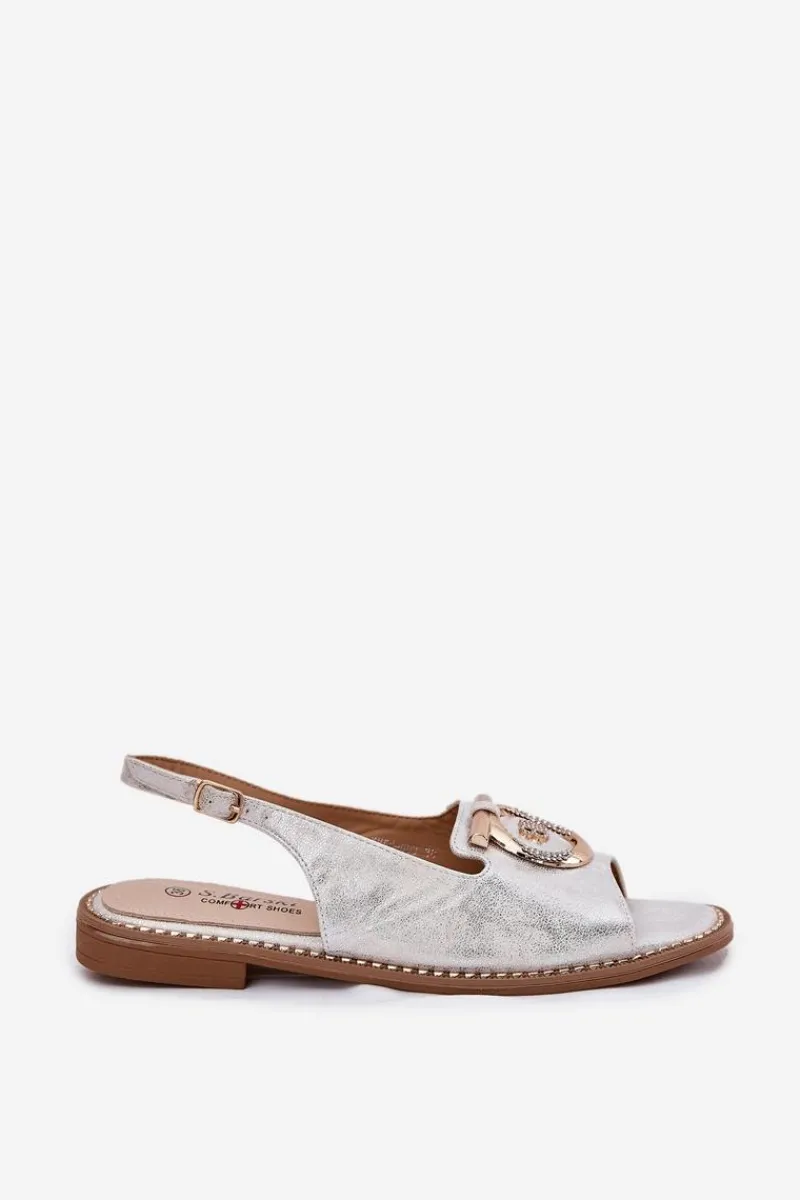 Sandały Płaskie>Damskie buty S.Barski Eleganckie Sandały Z Ozdobą Na Płaskim Obcasie S.Barski KV51-003 Srebrne Srebrny