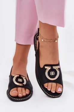 Outlet Eleganckie Sandały Z Ozdobą Na Płaskim Obcasie S.Barski KV51-003 Czarne Damskie Sandały Płaskie
