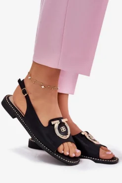 Outlet Eleganckie Sandały Z Ozdobą Na Płaskim Obcasie S.Barski KV51-003 Czarne Damskie Sandały Płaskie