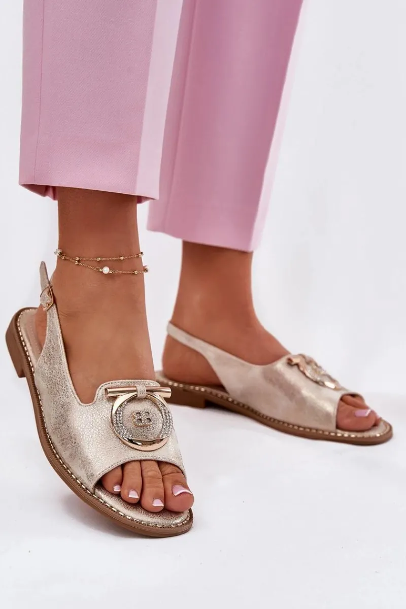 Sandały Płaskie>Damskie buty S.Barski Eleganckie Sandały Z Ozdobą Na Płaskim Obcasie S.Barski KV51-003 Złote Złoty