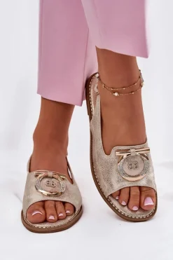 Sandały Płaskie>Damskie buty S.Barski Eleganckie Sandały Z Ozdobą Na Płaskim Obcasie S.Barski KV51-003 Złote Złoty