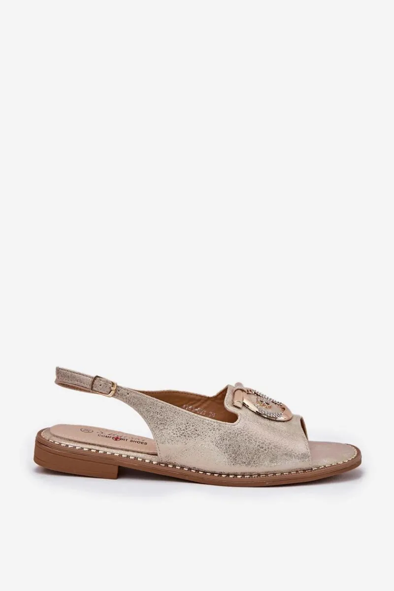 Sandały Płaskie>Damskie buty S.Barski Eleganckie Sandały Z Ozdobą Na Płaskim Obcasie S.Barski KV51-003 Złote Złoty