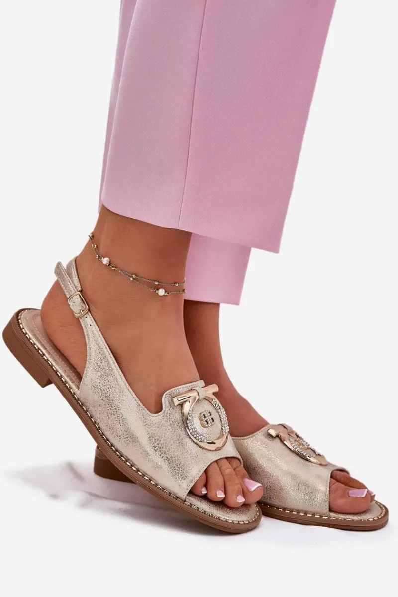 Sandały Płaskie>Damskie buty S.Barski Eleganckie Sandały Z Ozdobą Na Płaskim Obcasie S.Barski KV51-003 Złote Złoty