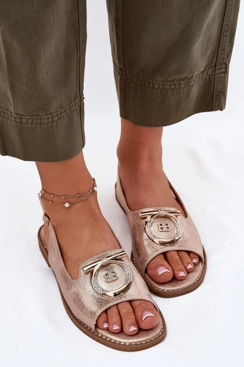 New Damskie buty S.Barski Eleganckie Sandały Z Ozdobą Na Płaskim Obcasie S.Barski KV51-003 Różowe Złoto Złoty